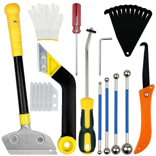Professional Grout Removal Tool Set 26pcs Scraper Saw Rake for Tile Repair | Long non-slip handle, Tungsten cone for 1-3mm gaps, 8 press balls, 15 spare blades & hooks, For floors & bathrooms