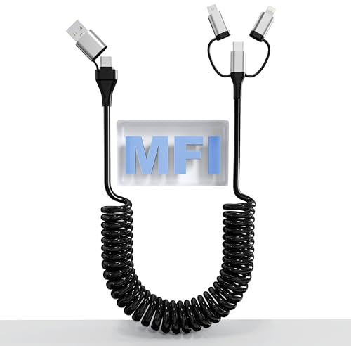 5 in 1 Coiled Charging Cable for Car USB to USB C, Micro USB and Lightning Cable - 60W Multi Charging Cable for Apple Carplay/Android Auto, Coiled Lightning and USB C Cable for iPhone/Laptop/Tablet