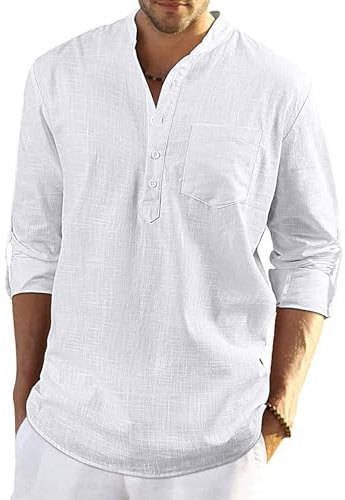 YAOBAOLE Chemise Homme Lin Chemise de Plage Homme Col Mao Chemisette en Lin Eté Tee Shirt Henley Blanc XL