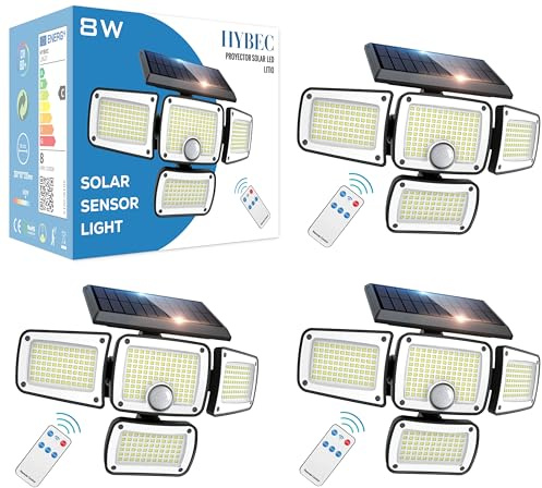 HYBEC - Lámpara solar con detector de movimiento, foco LED para exterior jardín, lámpara solar con luz (3 unidades)