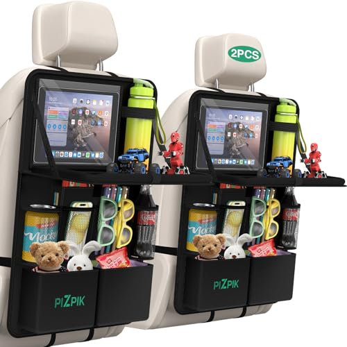 Plzpik Organiseur de siège de voiture avec support de tablette, 11 poches de rangement avec plateau alimentaire pliable, tapis de protection pour enfants, organisateur d'accessoires de voyage