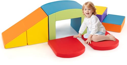 DREAMADE 6 PCS Module Motricité Bébé, Blocs de Construction en Mousse pour Enfant avec Housse en Cuir Étanche et Fermetures Auto-agrippantes, Parcours de Motricité Bébé pour 1+ Ans (Multicolore)