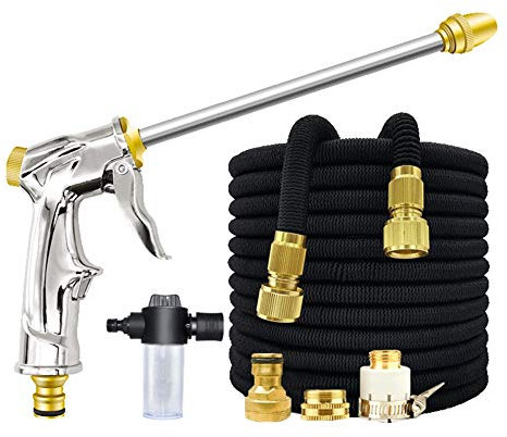 CONGRUI Pistola rociadora de manguera de aspersión, pistola de riego, pistola de pulverización multifunción, varilla larga de acero inoxidable (juego de 10 m + botella de espuma)