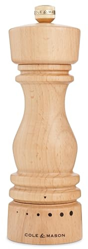 Cole & Mason London Moulin à poivre – Shaker à épices rechargeable avec un design en bois de qualité supérieure – Réglable pour assaisonnements fins à grossiers – Utilise un mécanisme en acier au