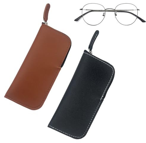 JEYORZY 2 Stück Brillenetui Leder, Tragbarer Brillenetui Weich Mit Reißverschluss, Schlanke Pu Lesebrille Brillentasche Sonnenbrillen Etui Für Damen Herren Kinder(Schwarz, Braun)