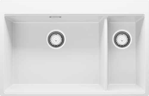PRIMAGRAN Lavello da Cucina Bianco 78x50cm, Lavandino in Granito a 2 vasche + Sifone Classico, Lavabo da Cucina Incasso al Mobile 80cm - Oslo Duo Top S002