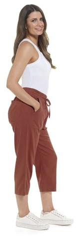 Thingimijigs Ladies Linen Blend Cropped Trousers 3/4 Length Casual Summer Pants with Ribbed Waistband - Rust UK 14