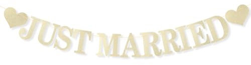 Tinoaly Just Married Banner, Pre-Strung Garland with Glitter Letters and Hearts Champagne Gold Glitter Wedding Banner Sign for Wedding Bridal Shower Bachelor Party Decoration Favor