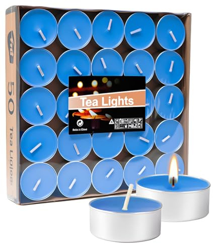 Artisoul 50 Teelichter mit 4 Std. Brenndauer Unbeduftete Sauber Brennende Premium Kerze für Tischdeko Hochzeit Geburtstag Baby Shower Event-Gastronomie & Zuhause Deko, Blau