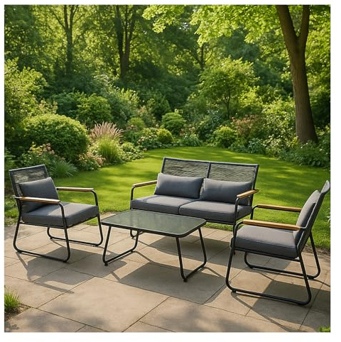 VORTIVO Gartenmöbel Set 4-teilig für 4 Personen – Lounge Sitzgruppe mit 2 Sesseln, Sofa & Tisch – Metallgestell & Polster – Outdoor Möbel für Terrasse Balkon Garten
