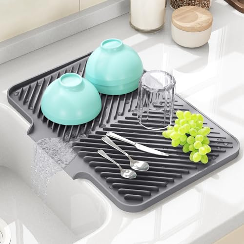 Dish Drying Mat Kitchen Counter - Silicone Dish Drying Pad with Built-in Drain for Sink, Refrigerator and Drawer Liner, Easy Clean, Non-Slip, Heat Resistant, 14.8 x 10.7