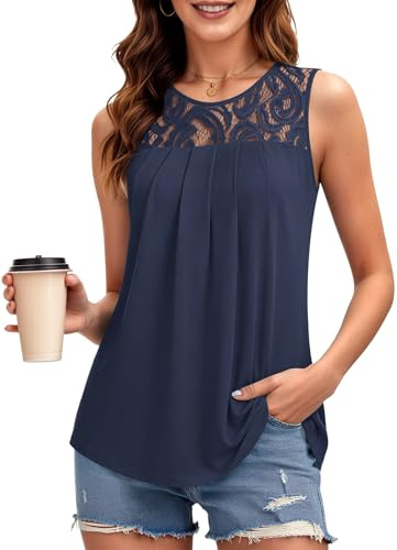 PLMOKEN Camiseta Tirantes Mujer con Cuello de Encaje, Camisa de Verano para Mujer Elegante, Blusas Sin Mangas Bonitas de Ropa de Veran Azul Marino L