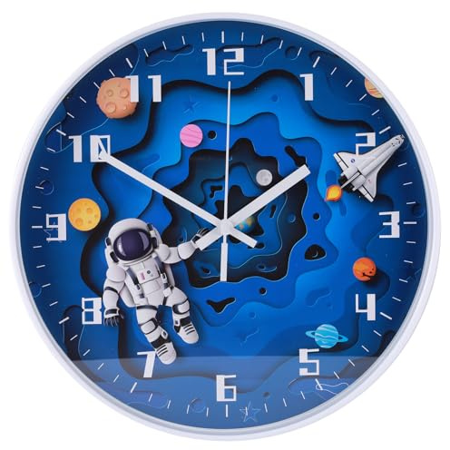 AIWMQYYF 12 Inch Silent Movement Kids Wall Clock, Astronaut Space Travel Children Round Wall Clock, Non Ticking Clock for Living Room Bedroom Kitchen Office