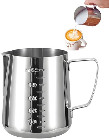 Milchkännchen Edelstahl Handheld Aufschäumkännchen, Kaffee Creamer Milch Aufschäumer Kännchen Tasse mit Messung Mark und Latte Art Pen, Milchkännchen perfekt für Barista Cappuccino Espresso (550 ML)