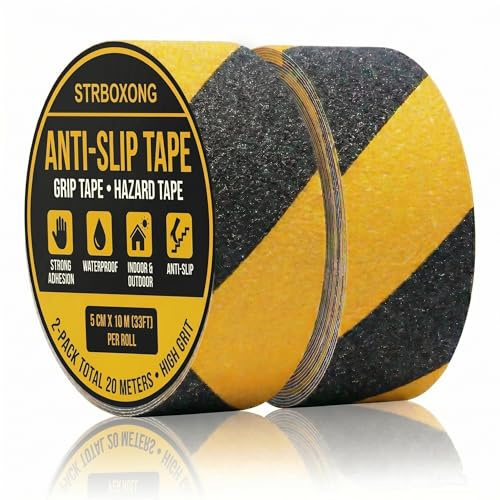 Halkfritt band – 2 rullar, svart-gul, varningsanmärkning, säkerhetstejp, 5 cm x 10 m, hög vidhäftning, nötningsresistent, för trappor, ramper, stegar, vattentäta, för inomhus- och utomhusbruk