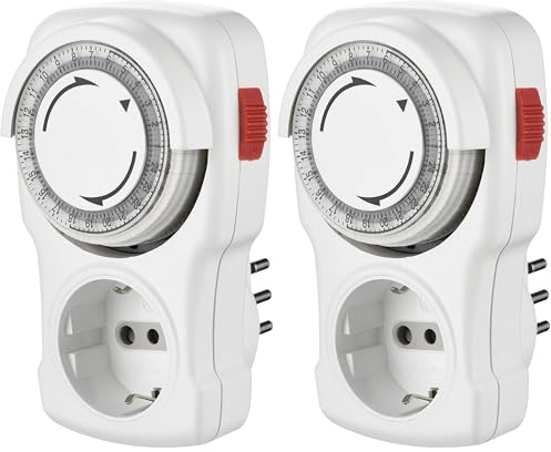 Electraline 58113 Programmatore Timer Meccanico Giornaliero, Spina Italiana piccola 10 A, Presa Schuko + 10A, Bianco (Confezione da 2)