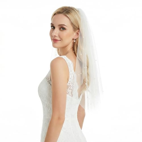 Josojoou Schleier Braut Kurzer Weißer Brautschleier Jga Weiß | Perlen Mit Kamm, Elegante Tüll Haarschleife, Soft Tüll Schleier Besatz, Für Junggesellenabschied, Hochzeit Damen Mädchen
