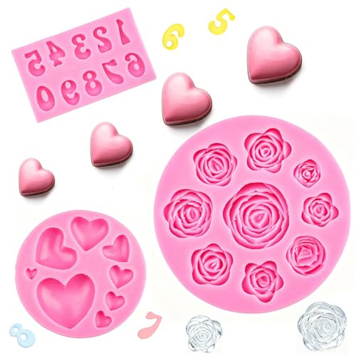 3 Teilig Eiswürfelform Silikon zum Einfachen Entformen Silikonform Herz Zahlen Blumen Pralinenform Silikon mit Weitem Temperaturbereich für Bonbons Gummibärchen Jelly Mousse DIY Desserts und Eiswürfel