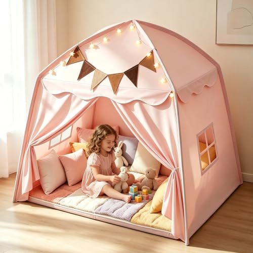 Kinderzelt Indoor, Spielzelt Mit Flaggen Und Lichtern, Tragbares Und Faltbares Tipi Zelt, Kinder Bettzelt, Spielhaus FüR Drinnen Und DraußEn (Rosa)