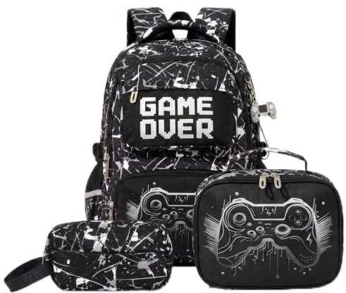 Amythe Schulranzen Jungen 8-12 Jahre 3-teilig Wasserdicht Set, Schwarz | 3-teilig Nachtleuchtend Reflektierend Leicht Schwarz Daypack Multitasche Geräumig Robust für Schule Reisen Wandern Freizeit