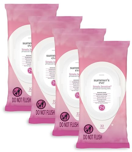 Summer's Eve Simply Sensitive Feminine Wipes, Gentle pH-Balanced Micellar Water Based Formula Helps Control Vaginal Odor, Resealable Pack, 32 Wipes, Pack of 4