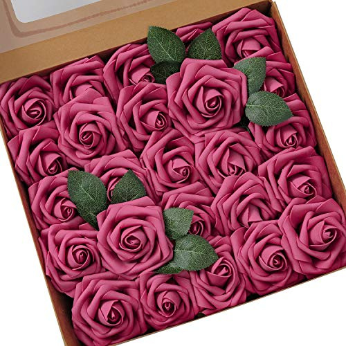 Künstliche Rosen Blumen Schaumrosen Foamrosen Kunstblumen Rosenköpfe Gefälschte Kunstrose Rose DIY Hochzeit Blumensträuße Braut Zuhause Dekoration (25 Stück, Fuchsie)