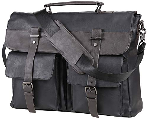 seyfocnia Men's Vintage Black 17.3 Inch Water Resistant PU Leather Laptop Bag, Messenger Bag, Satchel, Briefcase