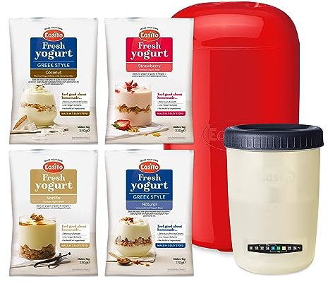 EasiYo Red Yoghurt Maker (1kg) Starter Pack | Includes 4 Sachets of Yogurt Natural, Strawberry, Vanilla and Greek Style with Coconut Bits