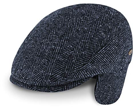 fiebig Flatcap Herringbone mit Ohrenschutz | Schirmmütze aus Wollmix mit Ohrenklappen | Fischgrät Gatsby Kappe Made in Italy (57-M, Marineblau)