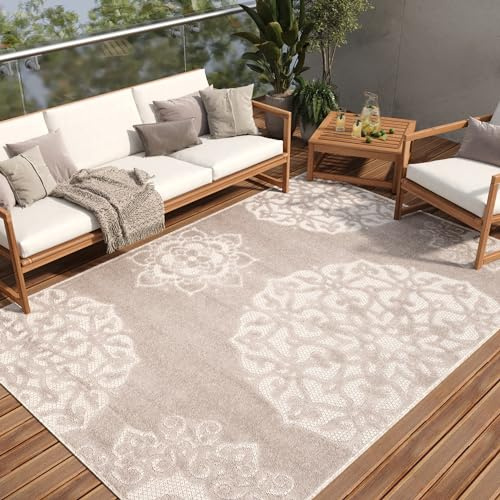 TAPISO Patio Teppich Outdoor Indoor Beige Grau Blumen Ornament 140 x 200 cm | strapazierfähiger Teppich UV-beständig Flachgewebe Sisaloptik Robust Wetterfest Terrasse Wintergarten Balkon OEKO-TEX