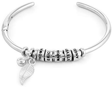 MYKA Personalisierte Kreisanhänger-Armreif mit Blatt und Beads - Weihnachten Graviert Name Schmuck Geschenk für Damen - Mutter - Freundin