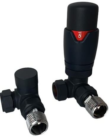 Kiev TRV Corner Black Thermostatic Radiator & Towel Rail Valve 1/2-15mm | Designer, TRV + Lock shield Set, Central Heating