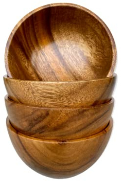 WRIGHTMART Wooden Bowl Set of 4, Small Acacia Wood Bowls, 5” Diameter, 2.5” Tall, 8 oz Capacity, Handcrafted Bowls for Salad, Snacks, Fruit & Kitchen Gifting