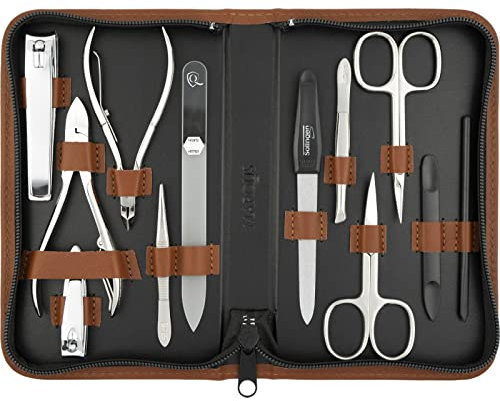 marQus Solingen Maniküre Set - 12 Teile in Echt Leder Etui handlich und weich - Komplettes Kit mit allem für die Hand- und Fußpflege, Nagelset Braun