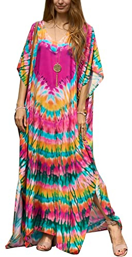 YouKD Lång kaftan för kvinnor, sommarkaftan, bohemiskt och etniskt mönster, maxiklänning, strandkläder, bikiniskydd, täckande kläder, kläder som skyddar mot solen, en storlek