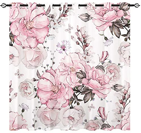 YUANZU Pink Flower Curtains - Girls Watercolor Floral Rose in Pastel Color Tile Print Pattern Eyelet Blackout Thermal Window Drapes for Bedroom Living Room Dining Room Office 2 Panels W117cm x D137cm