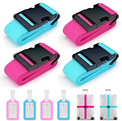 Koffergurte 4 Stück, Verstellbare Kofferband mit Adressschild, 2 Farben Kreuzgurt Kofferbänder für Koffer Markierung, Reisezubehör Gepäckgurt Luggage Strap zum Sicheren Verschließen