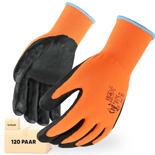 BWOLF PUSH 12/120 Pares de Guantes de Trabajo Para Hombre, Guantes Mecánicos, Guantes De Montaje Para Hombre con Espuma De Nitrilo Naranja 9 (120 pares)