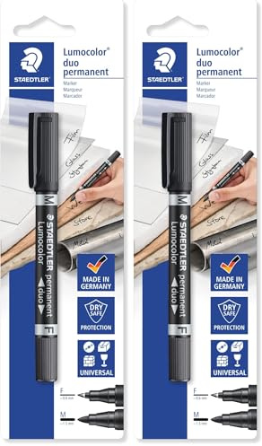 Staedtler 348-9 BKD Lumocolor Permanent Duo Pennarello Indelebile Nero a 2 punte (per legno, vetro, plastica, metallo) (Confezione da 2)