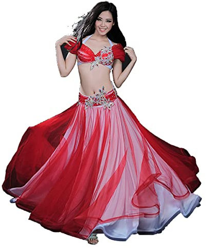 AGAATI Professionelles Bauchtanz-Kostüm für Damen, sexy Crop-Top, BH und Gürtel, Big Swing-Tanzrock-Set, Karnevals-Outfit, Party, Festival, Kostüm-Set für Damen und Mädchen (Rot M)