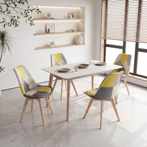GrandCA HOME 4er Set Gepolsterten Esszimmerstuhl mit Patchwork-Stoff und Metallbeinen aus Buchenholz, für Schlafzimmer und Wohnzimmer, Küche, Gelb