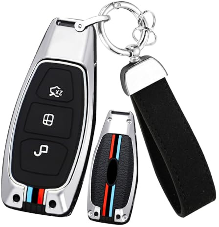 ontto Autoschlüssel Metall Hülle Passt für Ford Fiesta Ecosport Focus 3 4 ST Mondeo MK3 MK4 Ecosport Kuga Fusion Metall Autoschlüssel Etui Schlüsselhülle Schlüsselanhänger Zubehör 3 Taste-A Silber