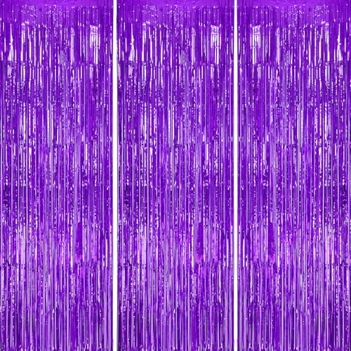 DECOCKRAT 3 Pack Foil Fringe Backdrop - Purple Shiny Tinsel Curtains for Party Decoration/Photo Booth Props - 3.3x8.2 FT Metallic Foil Backdrop for Birthday, Wedding, Graduation, Christmas.