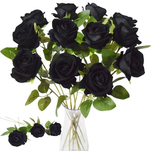 Kinisty 12 Stück Künstliche Blumen Schwarz Fake Rosen, Plastikblumen Gefälschte Seidenrose wie Echt Kunstblumen für Innen Draußen Garten Balkon Deko