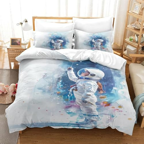 Zeichentrick-Astronaut Mikrofaser Kinderbettwäsche 3D Druck Bettdecke Decken Für Jungen Weltraum Bettbezug 3 Teilig Und Kissenbezug Kinder Für Jugendliche Kinder Schlafzimmer Super King（260x220cm）