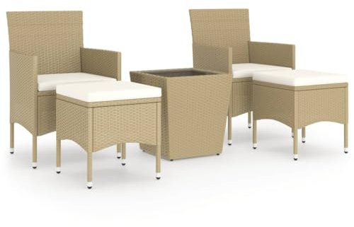 Makastle Bistroset 5-teilig, Bistrotisch Gartenstühle, Kleiner Gartenlounge Balkonset Gartengarnitur mit Kissen, Sitzgruppe im Garten und Balkon, Gartenmöbel Set, Poly Rattan und Hartglas Beige