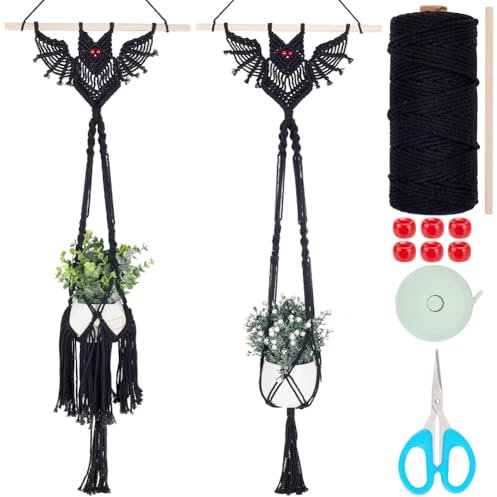 FREEBLOSS 2 Set Halloween Makramee Langes Pflanzenhänger Set Makramee Pflanzenhänger Fledermaus Wandbehänge Wandteppich Makramee Fledermaus Dekor Makramee Starter Set Für Erwachsene