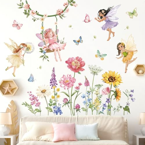 decalmile Flower Fairy Wall Stickers Butterfly Girl with Wildflower Sunflower Wall Decals Girls Bedroom Baby Nursery Kids Room Wall Decor