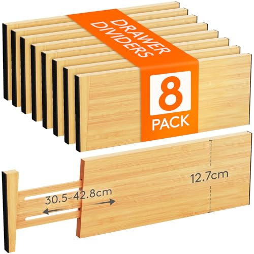 Lifewit 5 High 8 Pack Bamboo Drawer Dividers 33-42cm/13-16.5 Adjustable Wooden Drawer Organizer for Clothes/Utensils, Expandable Drawer Separator for Dresser/Kitchen/Bedroom/Office Organization