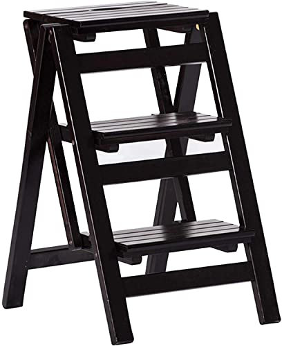 OZBME Tabouret échelle Pliant à 3 marches, escabeau Multifonction en Bois, 3 en 1 avec échelle, Tabouret et étagère de Rangement, (A) (C)